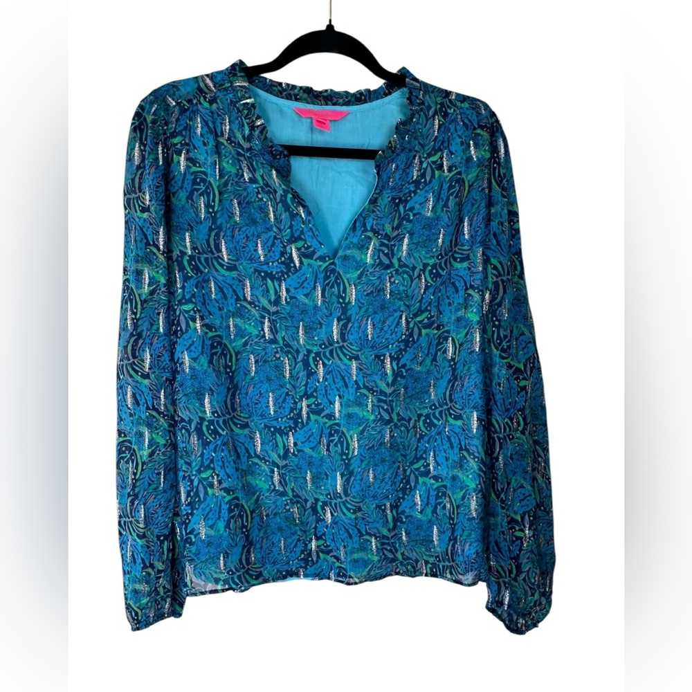 Lilly Pulitzer Blue Cat Print Blouse Long Sleeve V Neck Lightweight‎ Ruffle SZ S